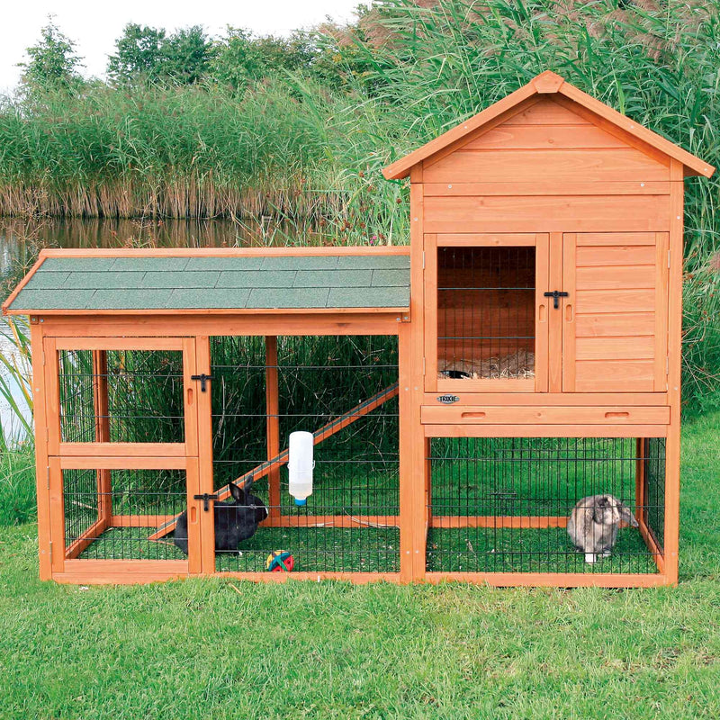 62332 natura small animal hutch with outdoor run, 199 x 146 x 93 cm, brown