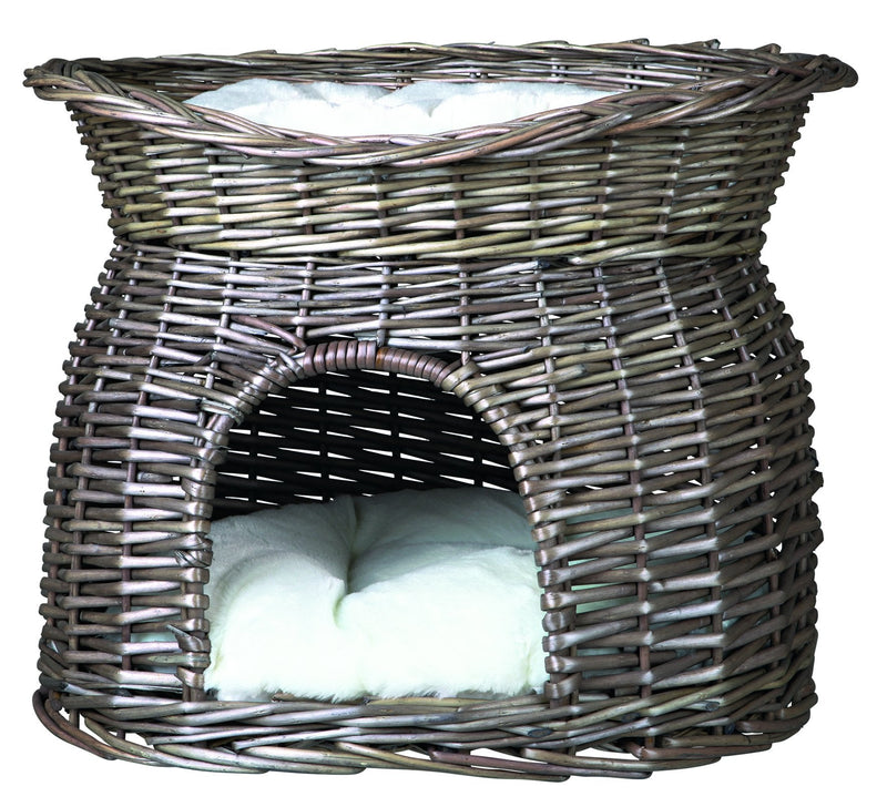 2873 Wicker cave with bed on top and 2 cushions, 54 x 43 x 37 cm, grey