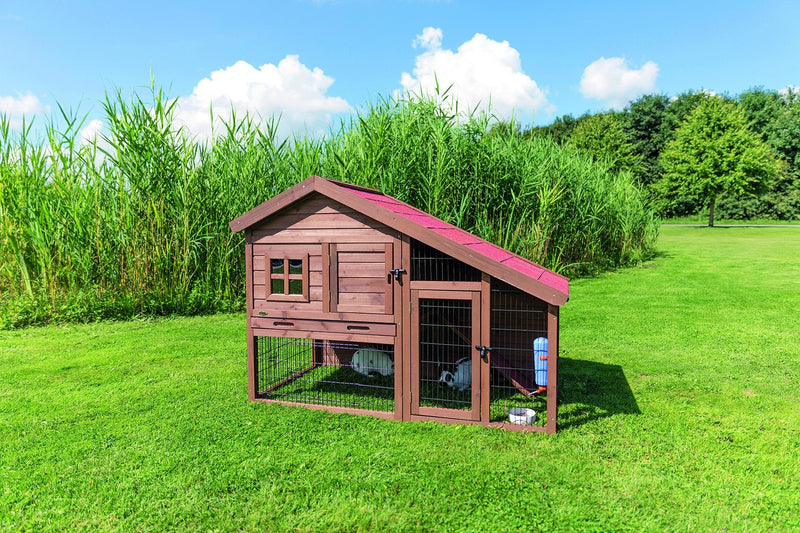 62335 natura small animal hutch with outdoor run, 151 x 107 x 80 cm, brown